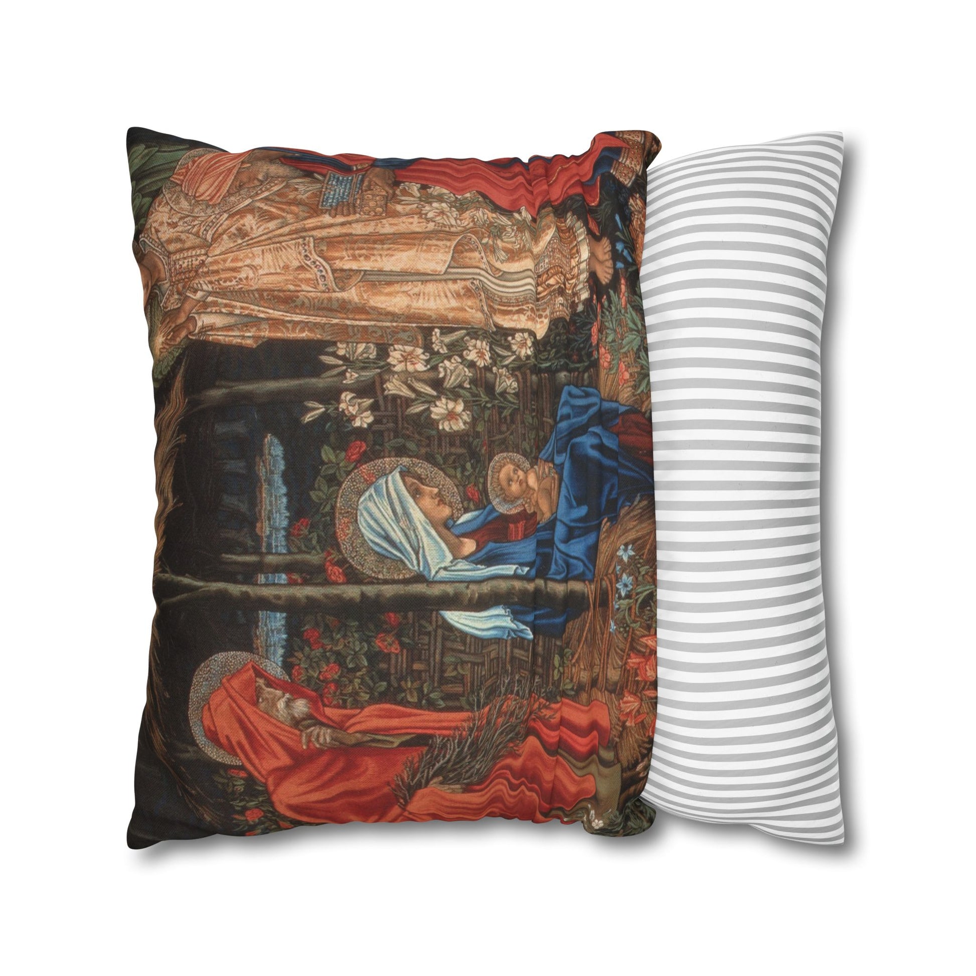 Decorative pillow with classical painting design next to a plain striped pillow on a white background