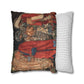 Decorative pillow with intricate design next to a plain striped pillow on a white background