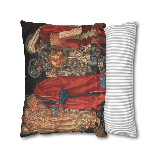 Decorative pillow with intricate design next to a plain striped pillow on a white background