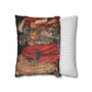 Decorative pillow with intricate design next to a plain striped pillow on a white background