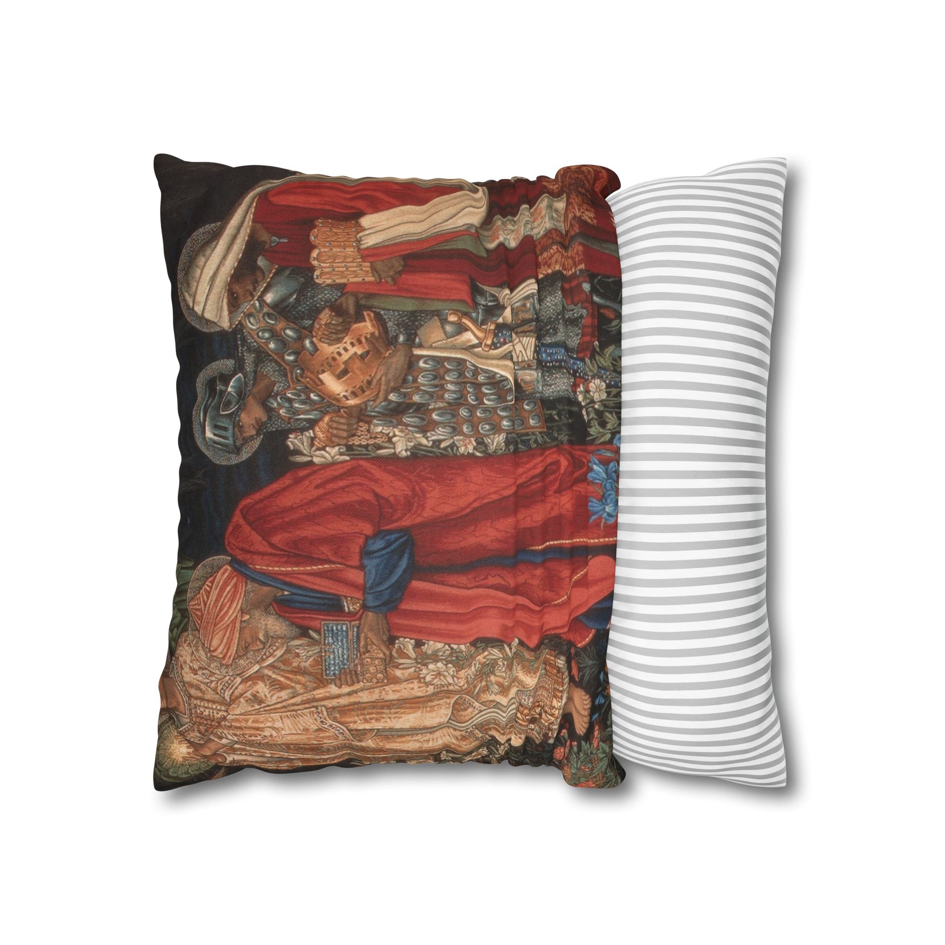 Decorative pillow with intricate design next to a plain striped pillow on a white background