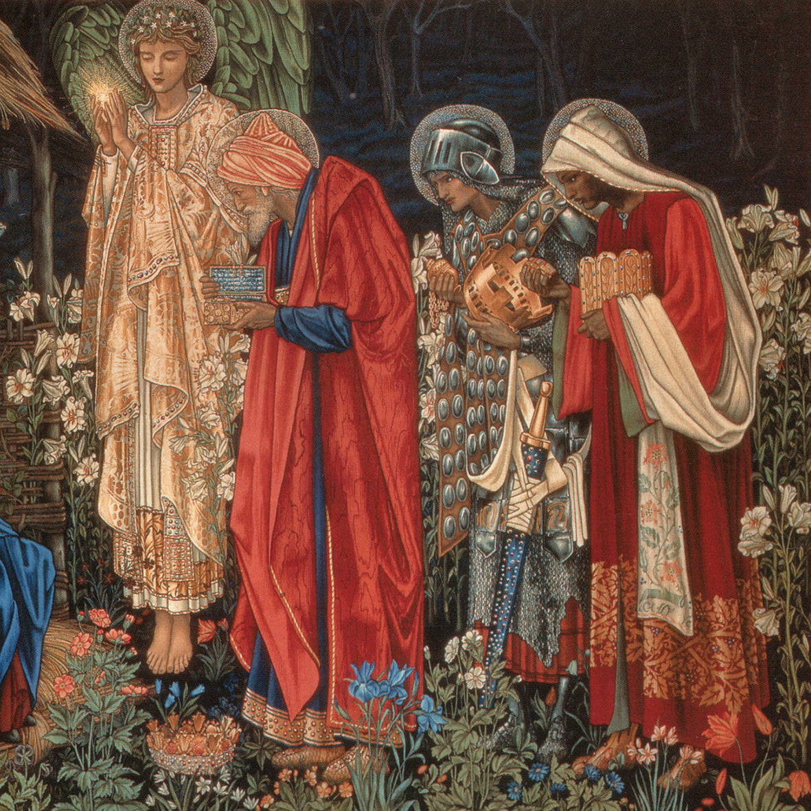 Decorative tapestry with three figures in elaborate clothing and an angel holding a candle.