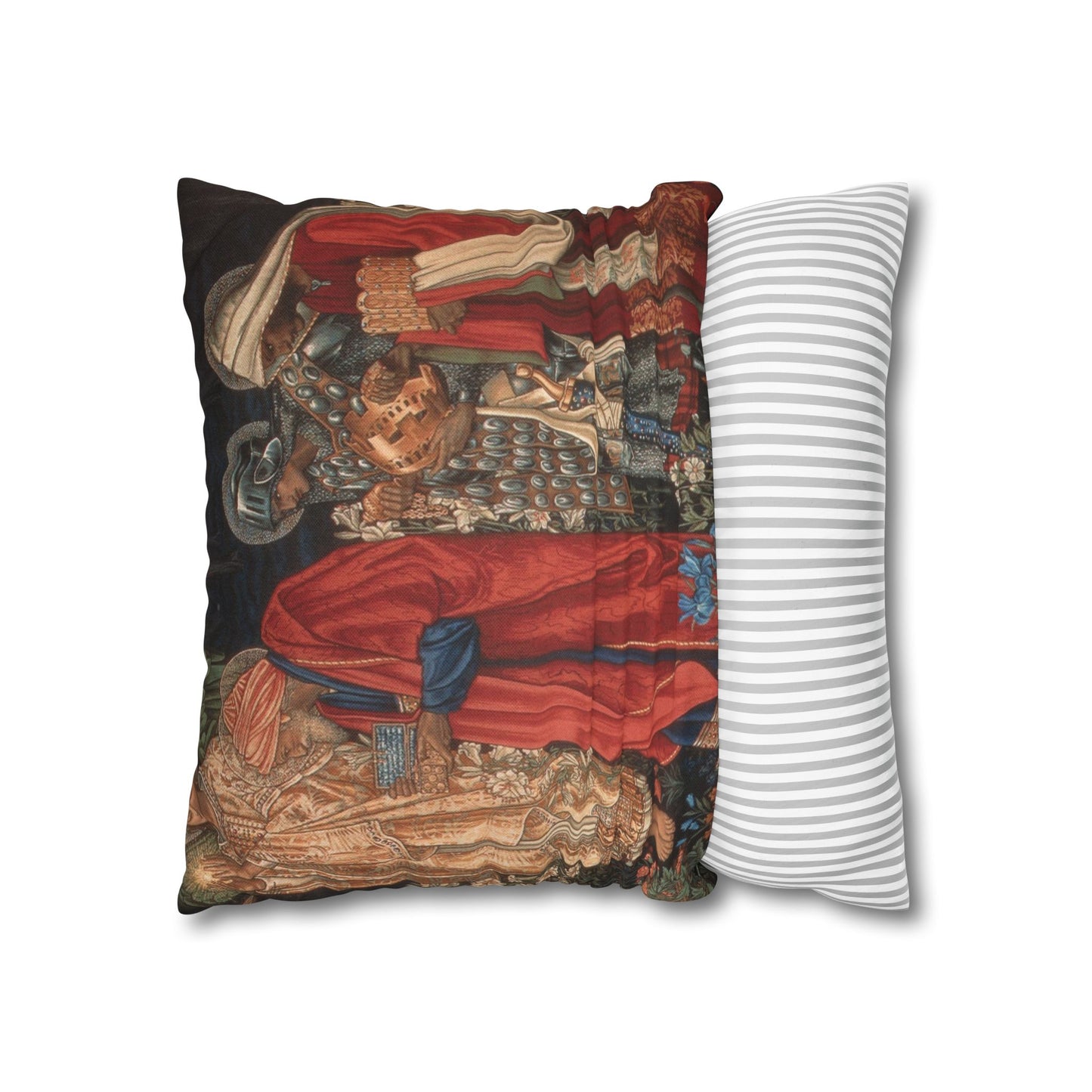 Decorative pillow with intricate design next to a plain striped pillow on a white background