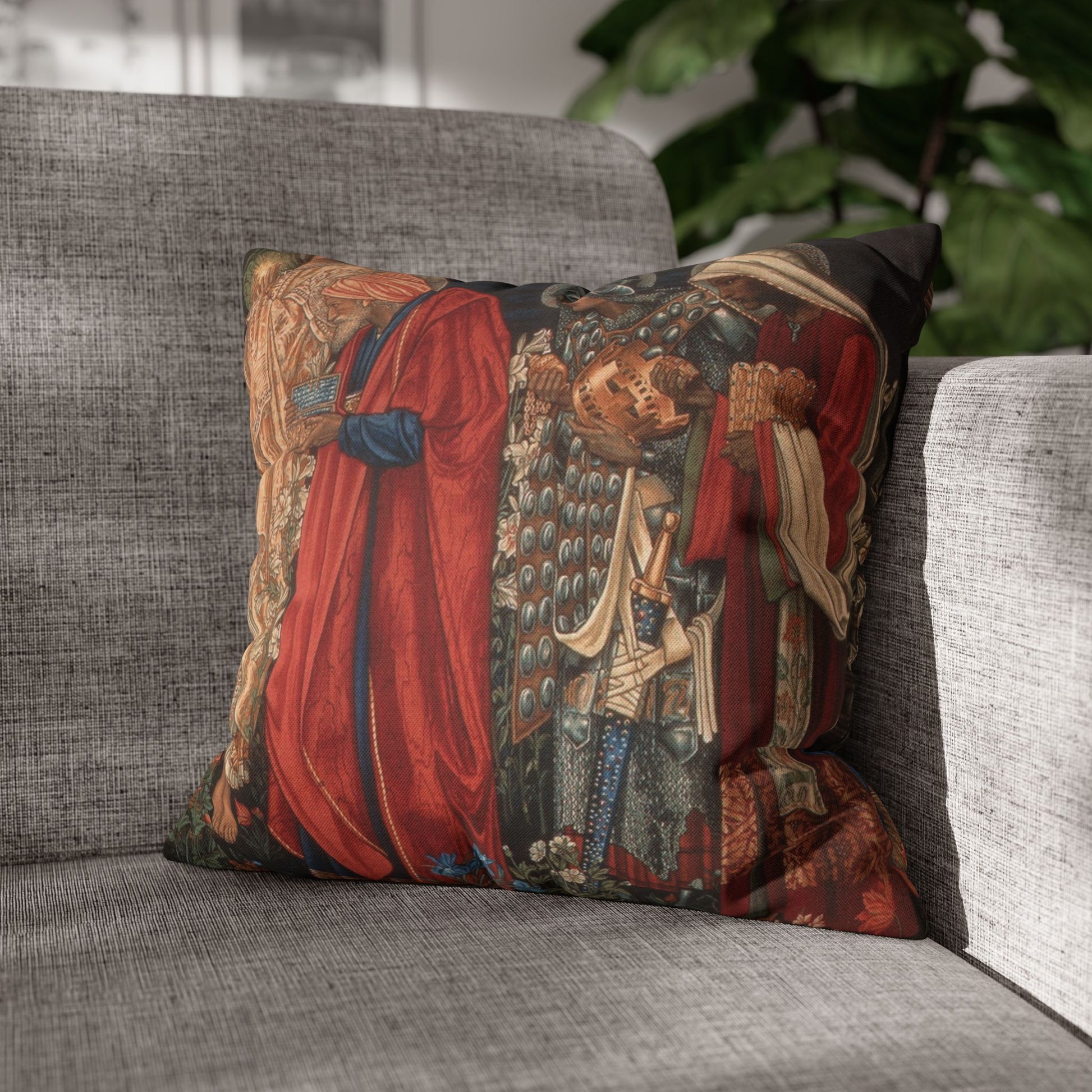 Decorative pillow with classical design on a gray sofa