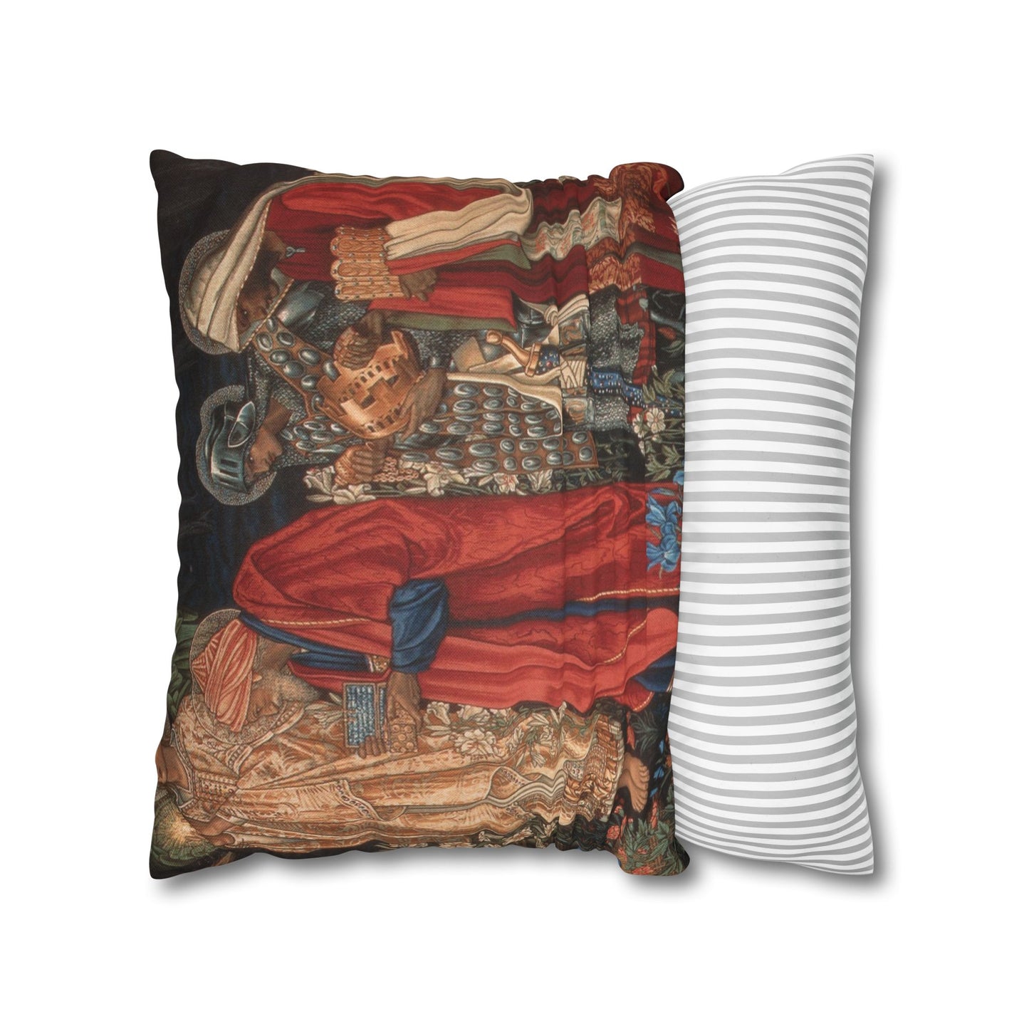 Decorative pillow with intricate design next to a striped pillow on a white background