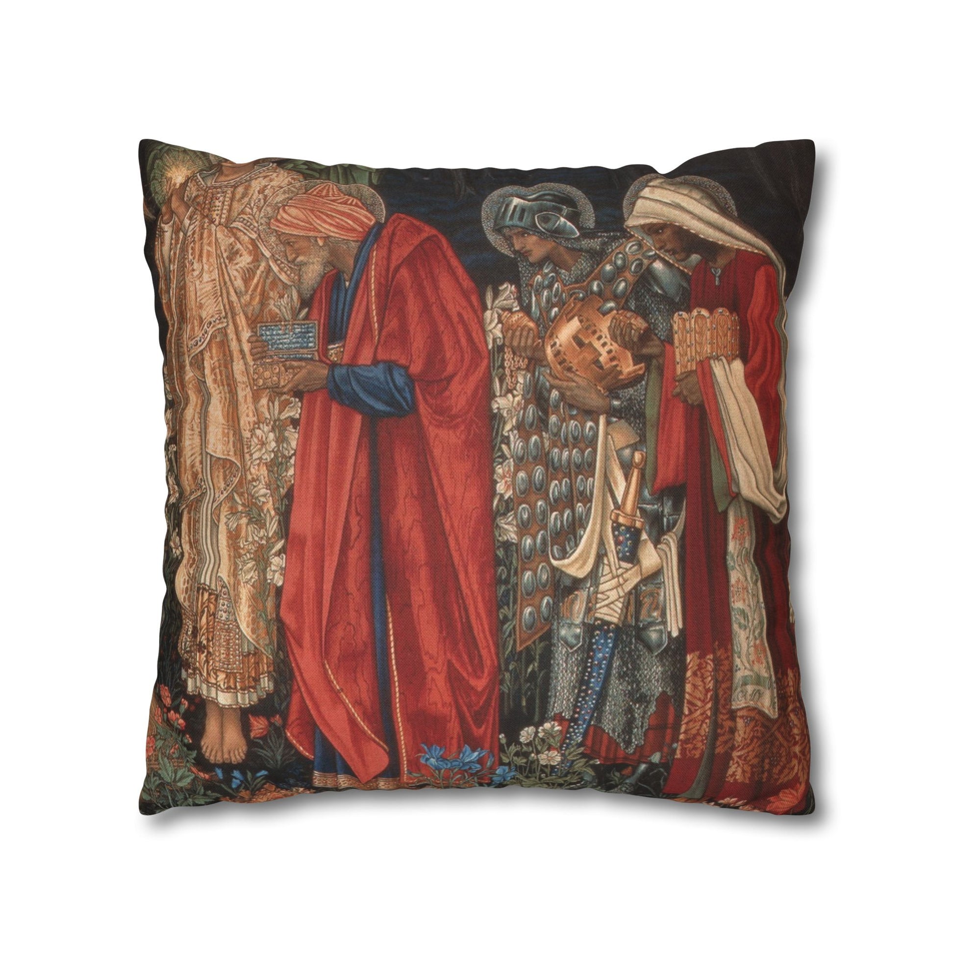 Decorative pillow with classical scene design on a white background