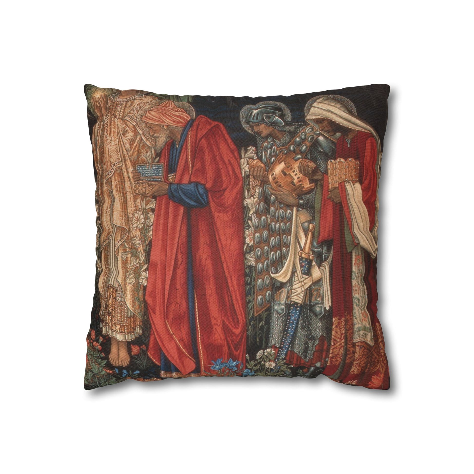 Decorative pillow with a classical painting design on a white background