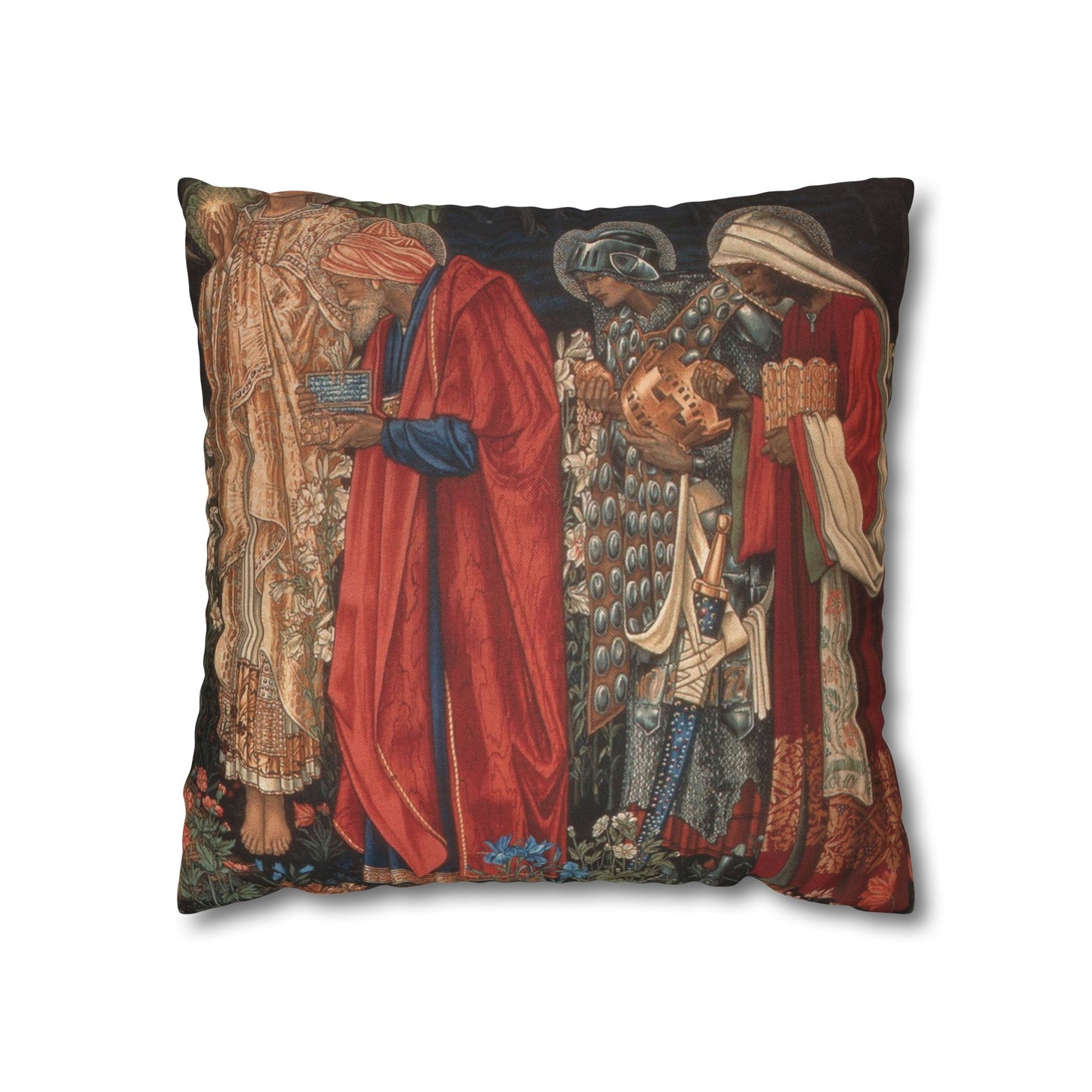 Decorative pillow with a classical painting design featuring two figures in elaborate costumes.
