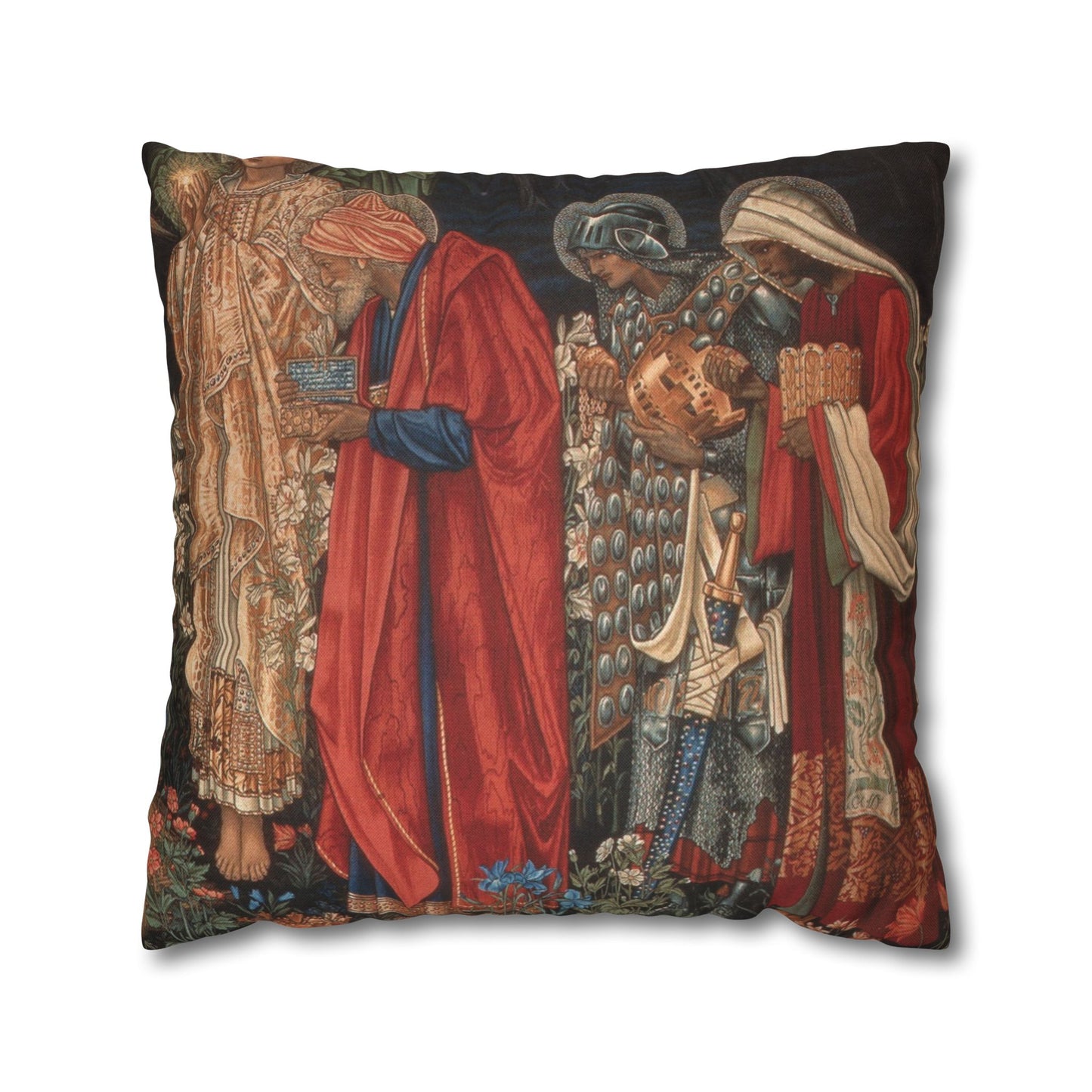 Decorative pillow with artistic design of figures in red robes on a black background