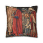 Decorative pillow with classical painting design featuring figures in red robes.