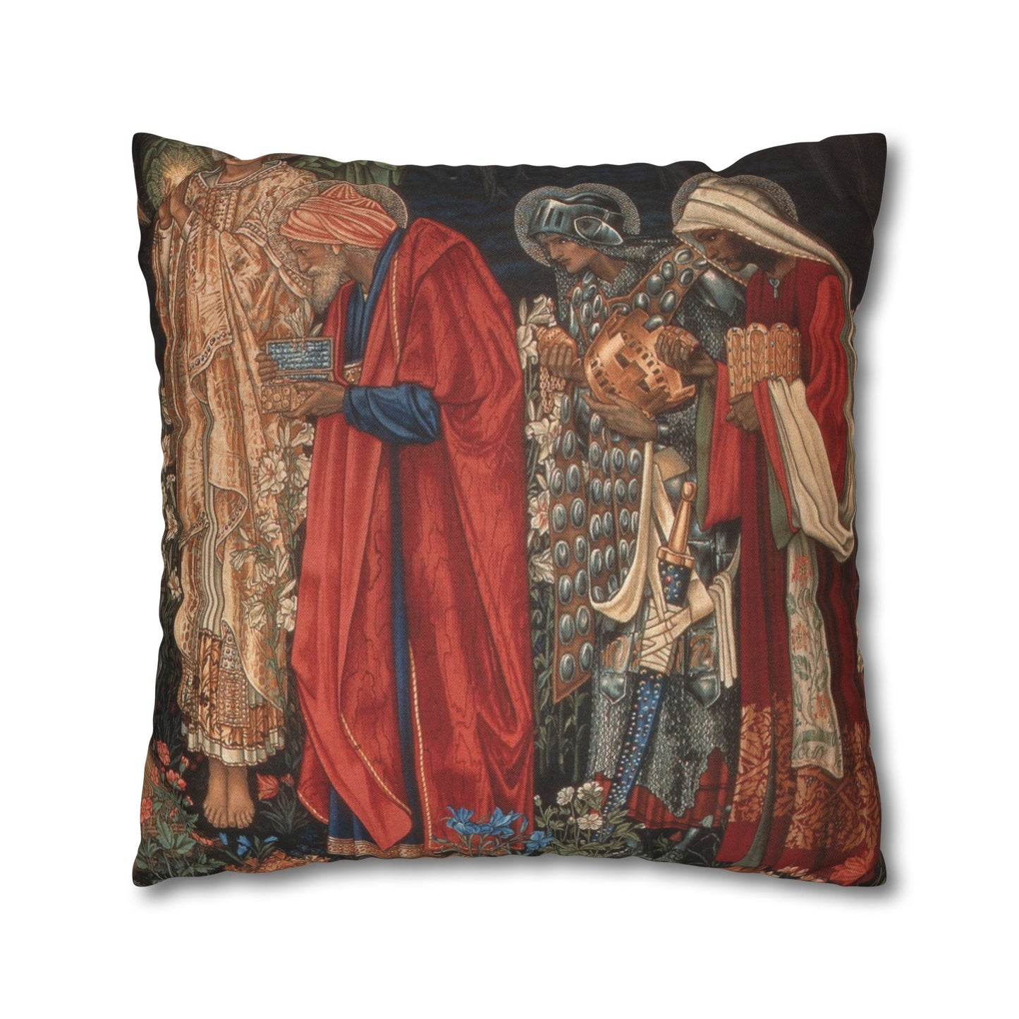 Decorative pillow with classical painting design featuring figures in red robes.