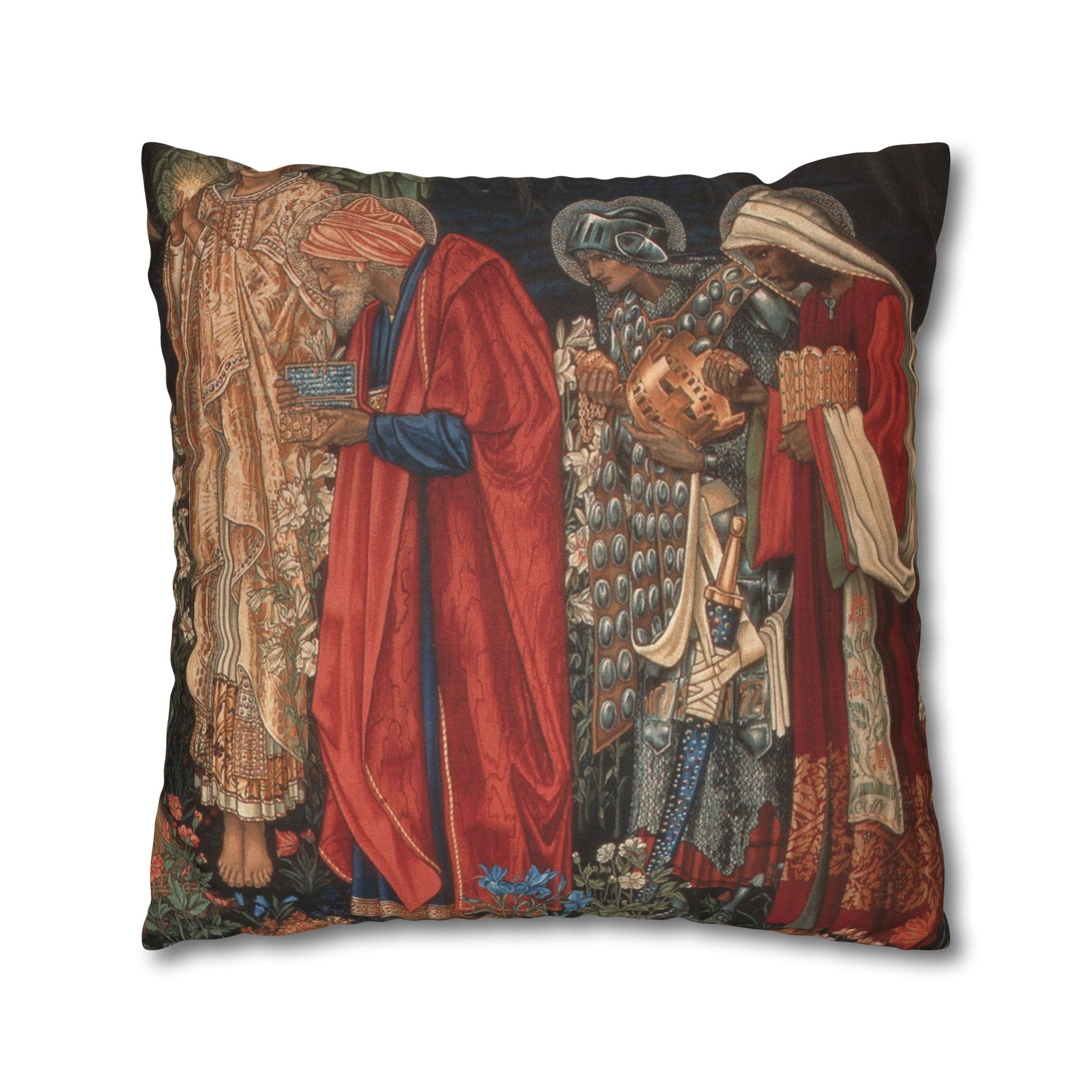 Decorative pillow with classical painting design featuring figures in red robes.