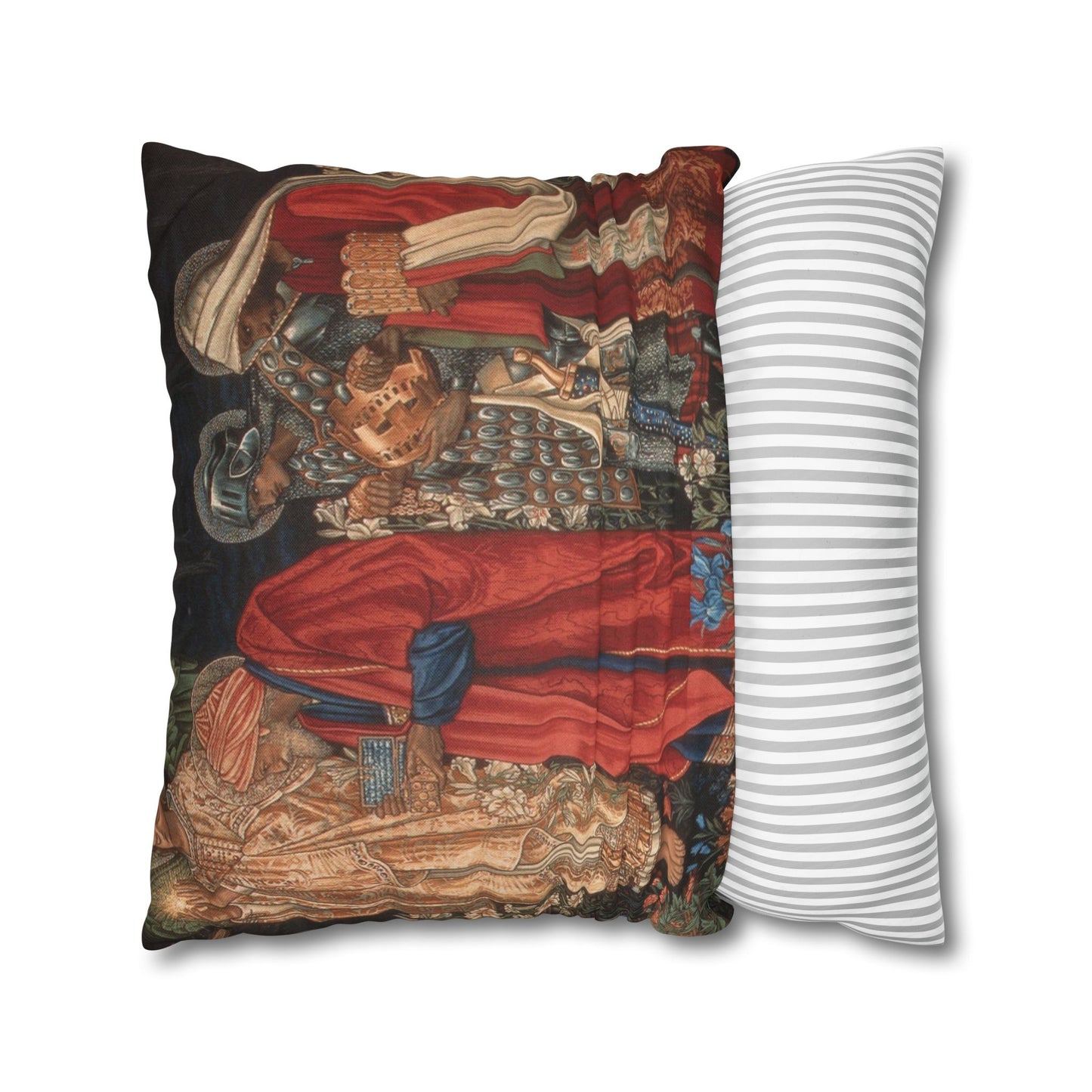 Decorative pillow with intricate design next to a plain striped pillow on a white background