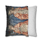 Decorative pillow with classical art design next to a plain striped pillow on a white background
