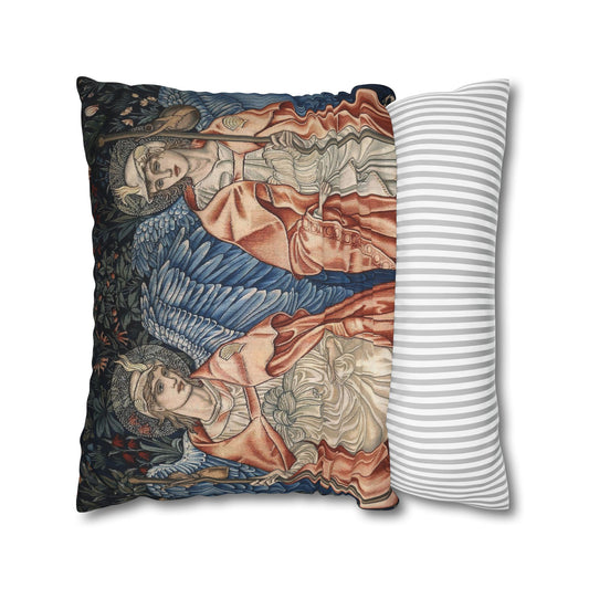Decorative pillow with classical art design next to a plain striped pillow on a white background