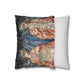Decorative pillow with classical design on one side and striped pattern on the other, on a white background.