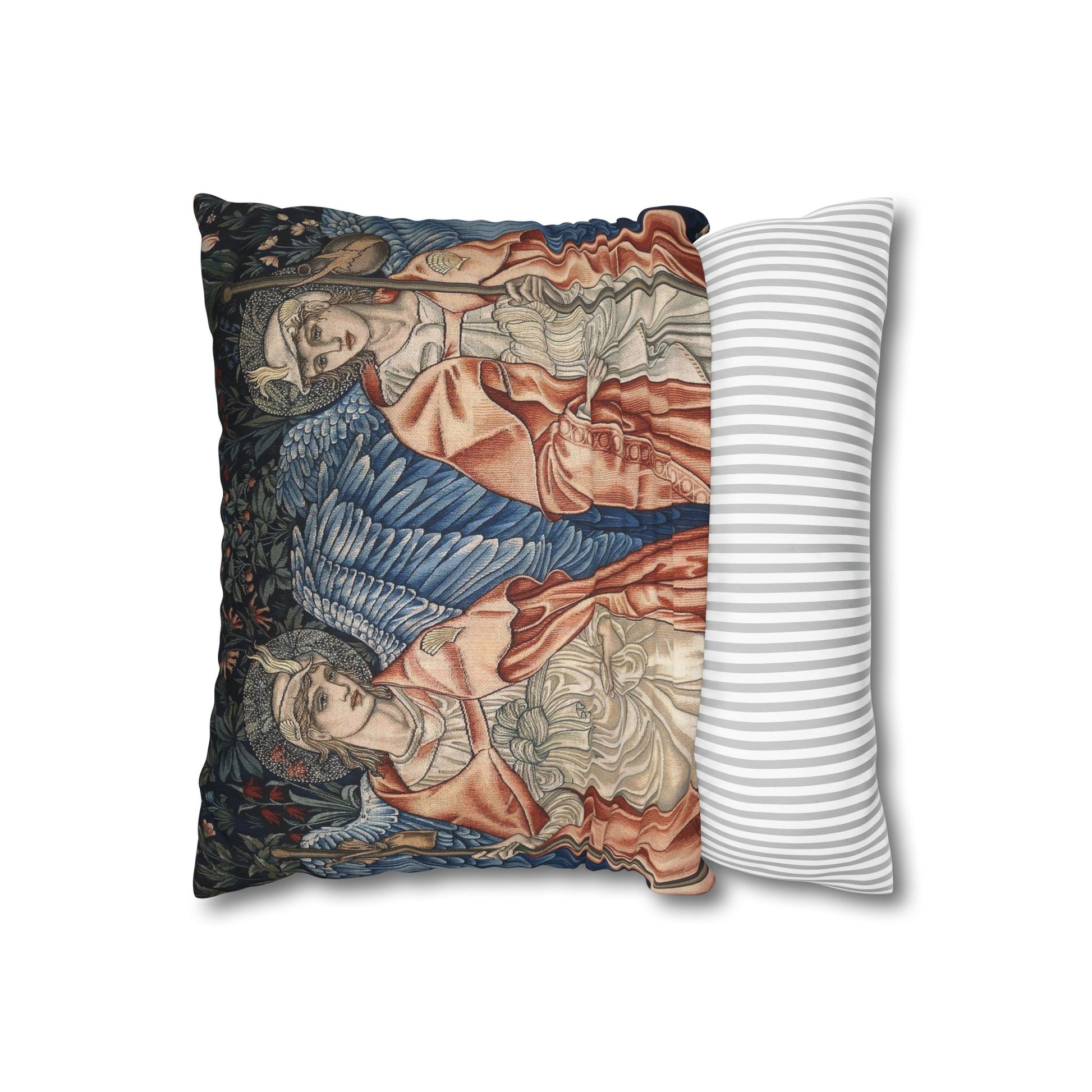 Decorative pillow with classical design on one side and striped pattern on the other, on a white background.