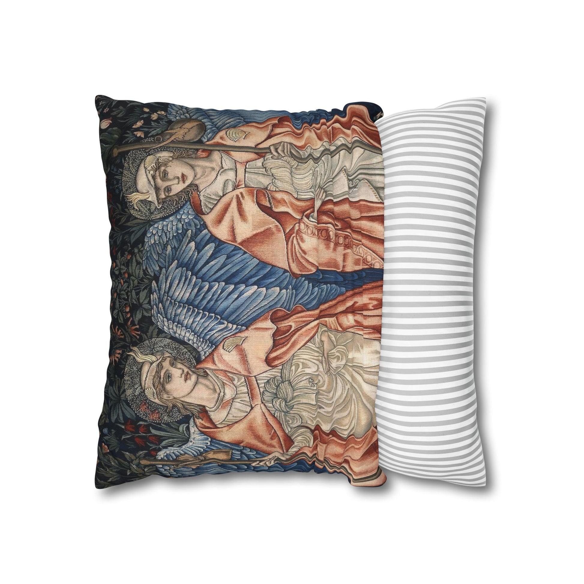 Decorative pillow with classical art design on one side and striped pattern on the other, on a white background.