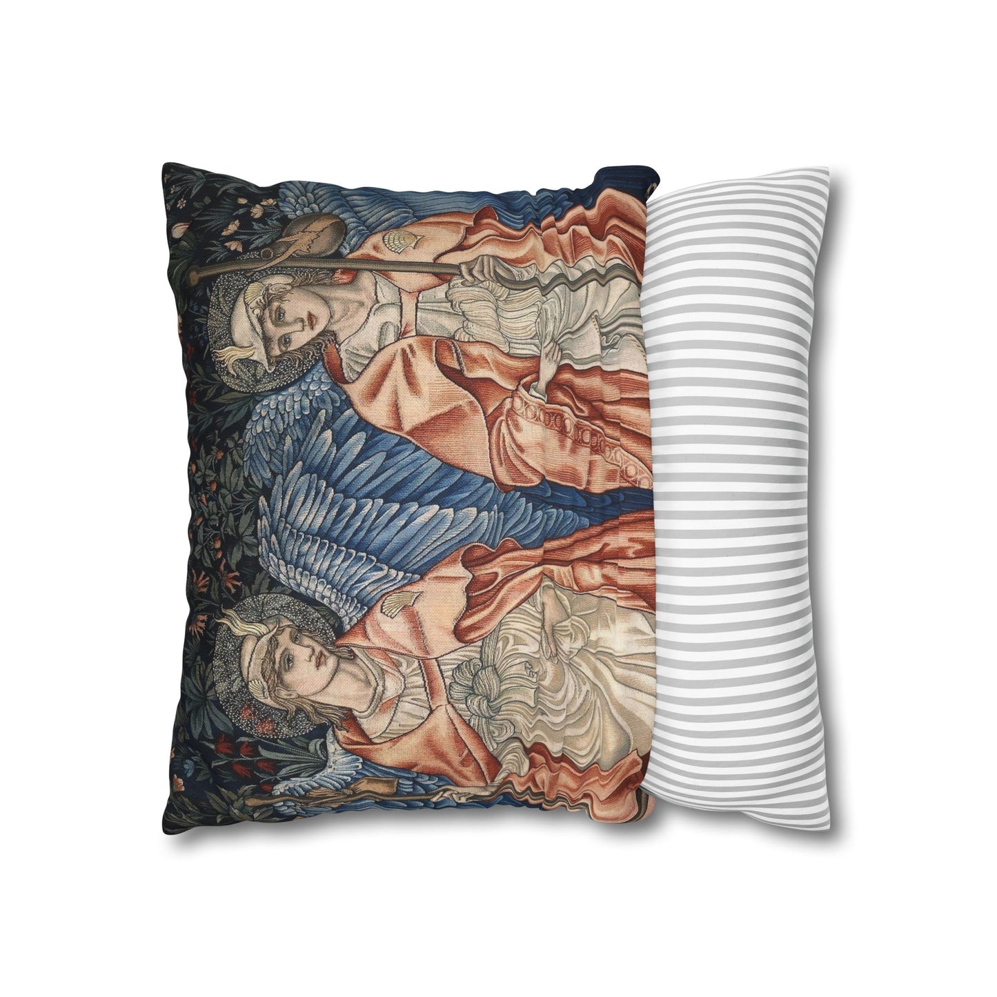 Decorative pillow with angel design on one side and striped pattern on the other, on a white background.