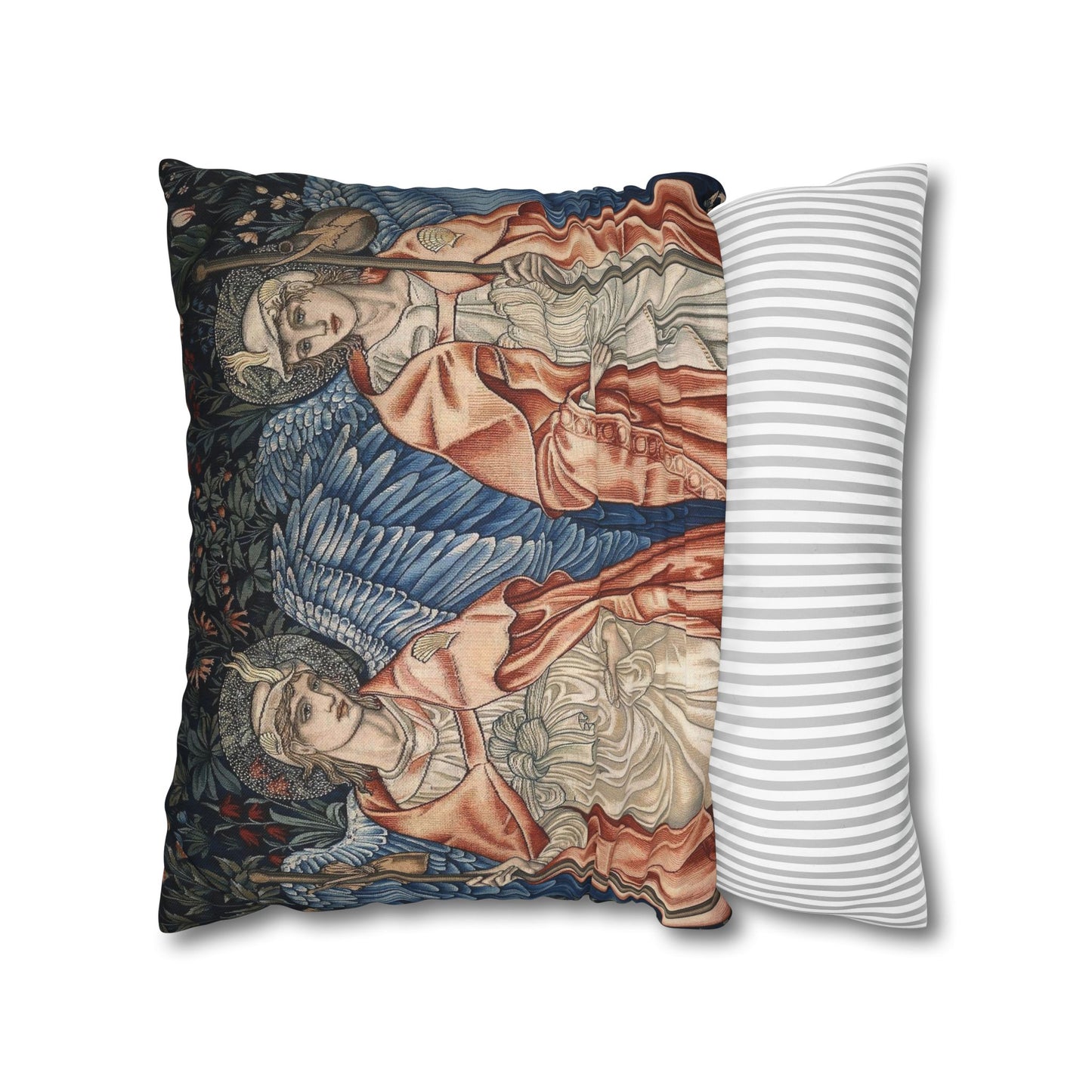 Decorative pillow with classical art design next to a striped pillow on a white background