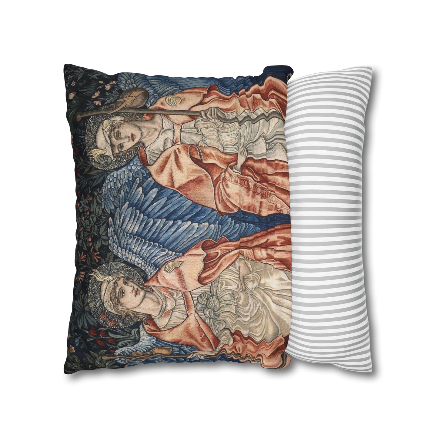 Decorative pillow with angel design next to a striped pillow on a white background