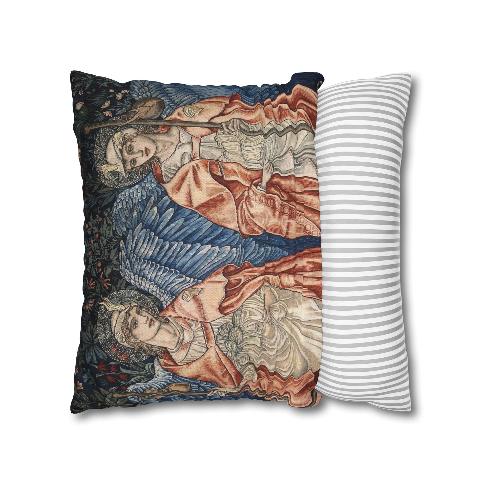 Decorative pillow with angel design next to a striped pillow on a white background