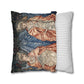 Decorative pillow with classical design on one side and a striped pattern on the other, on a white background.