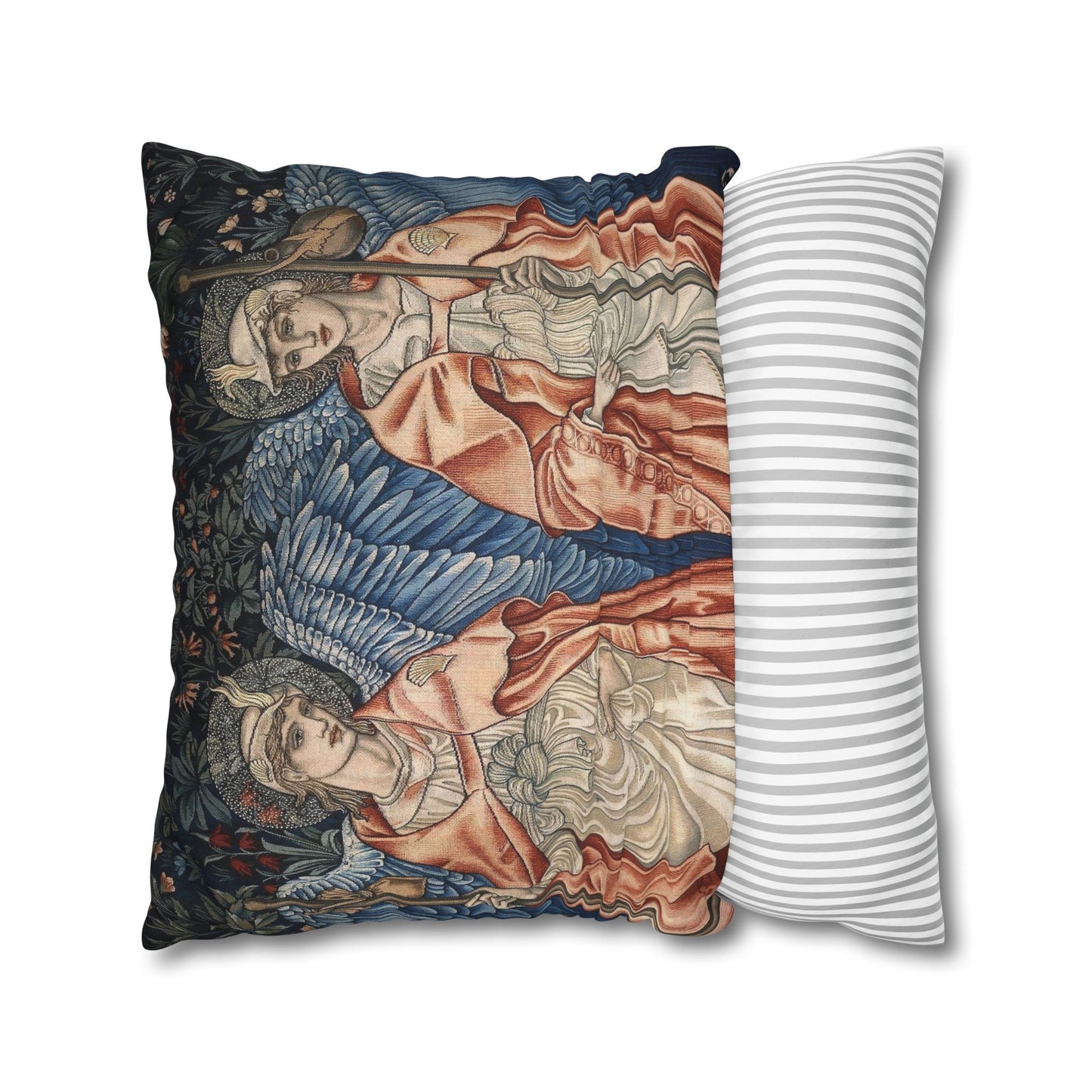 Decorative pillow with classical design on one side and a striped pattern on the other, on a white background.