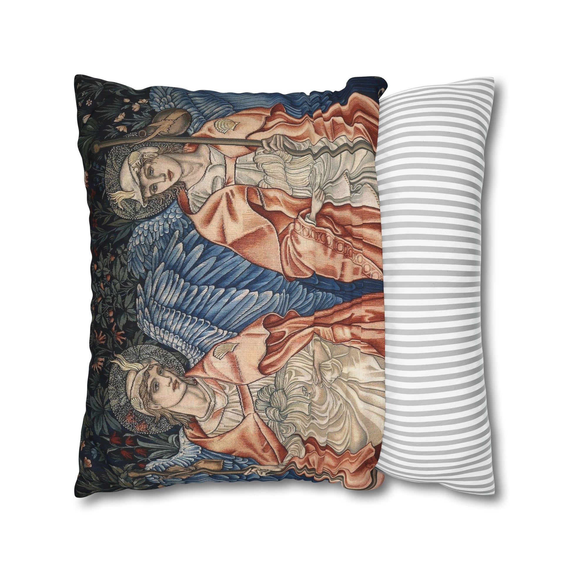 Decorative pillow with classical design on one side and a striped pattern on the other, on a white background.