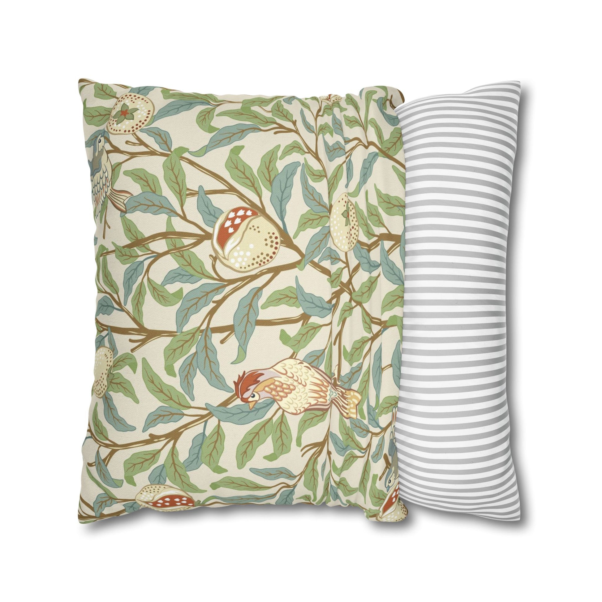 Two pillows, one with a floral pattern and the other with a striped design, on a white background.
