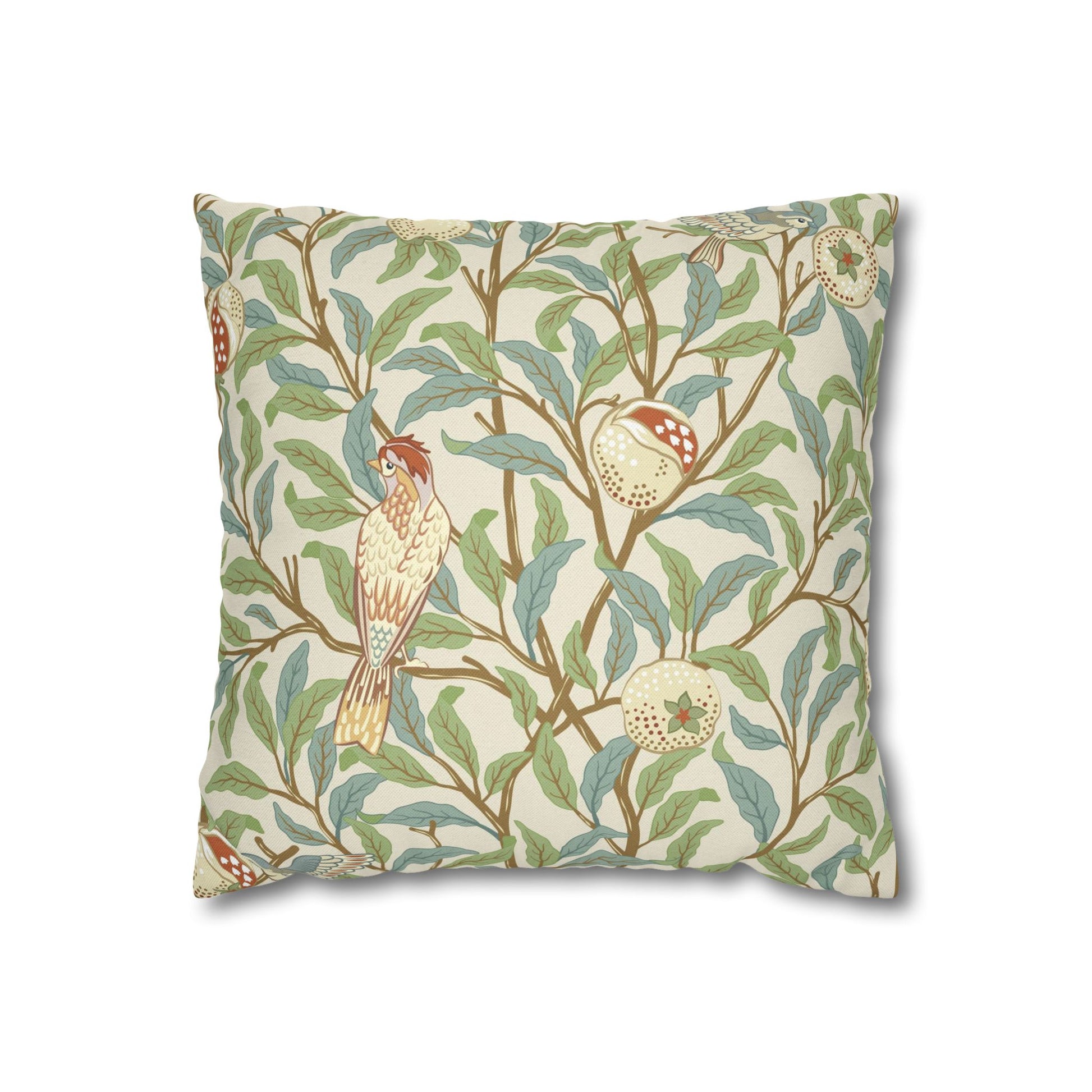 Decorative pillow with bird and floral pattern on a beige background