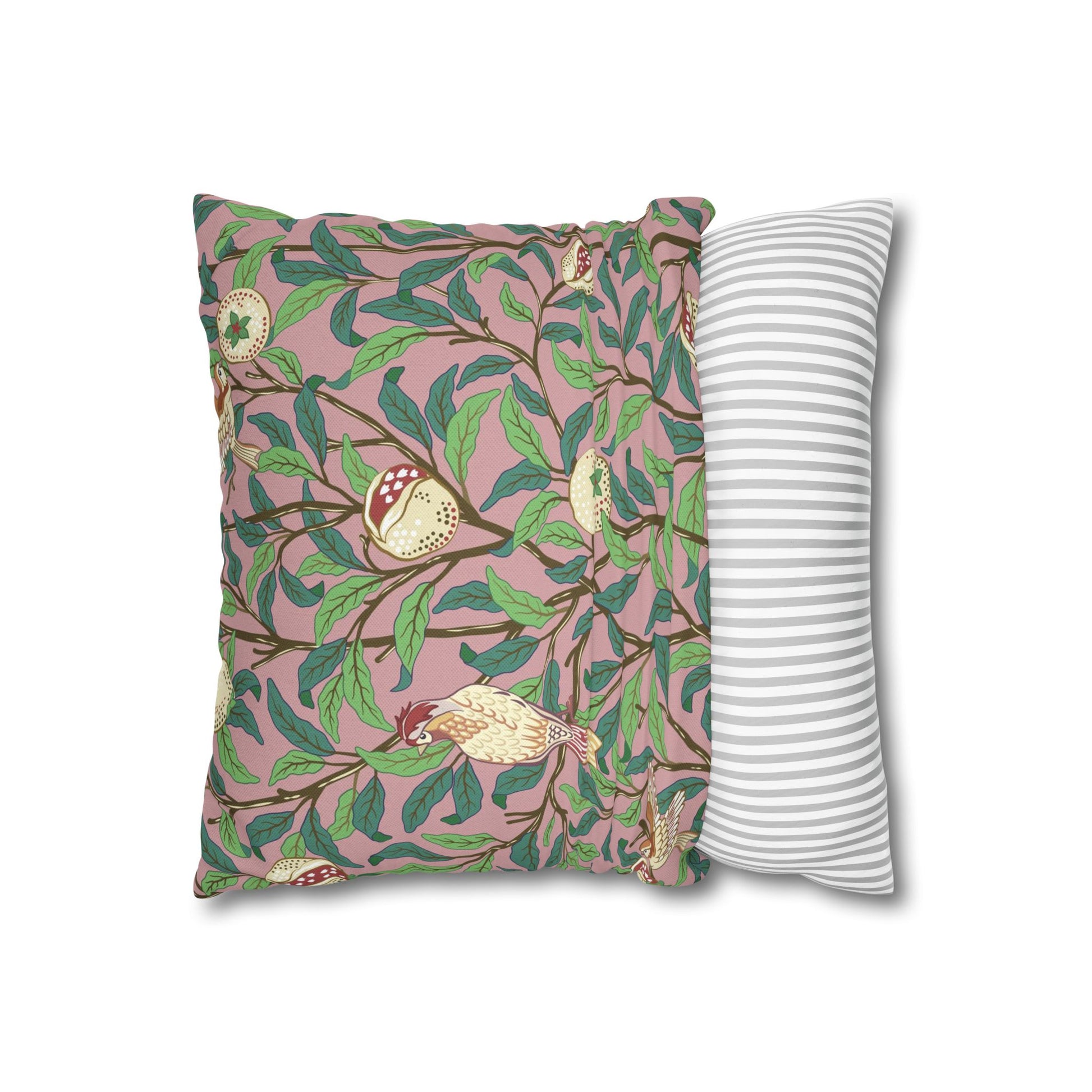 Two pillows, one with a floral pattern and the other with a striped pattern, on a white background.
