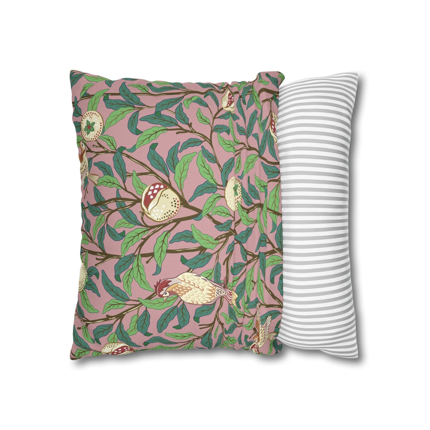Two pillows, one with a floral pattern and the other with a striped pattern, on a white background.