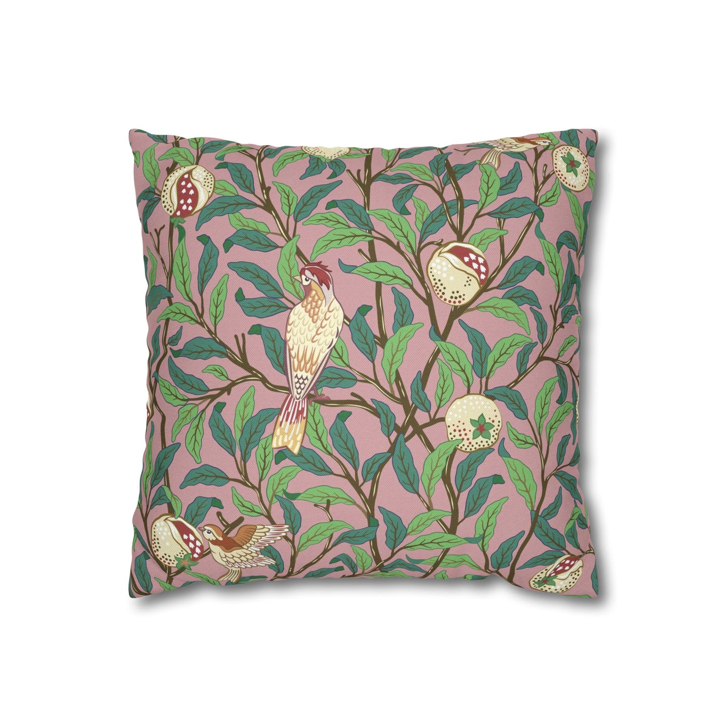 Decorative pillow with bird and floral pattern on a pink background