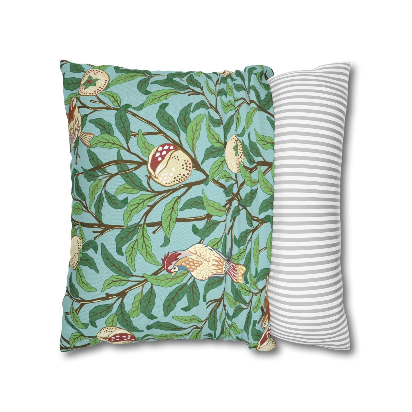 Two pillows, one with a nature-themed design and the other with a striped pattern, on a white background.