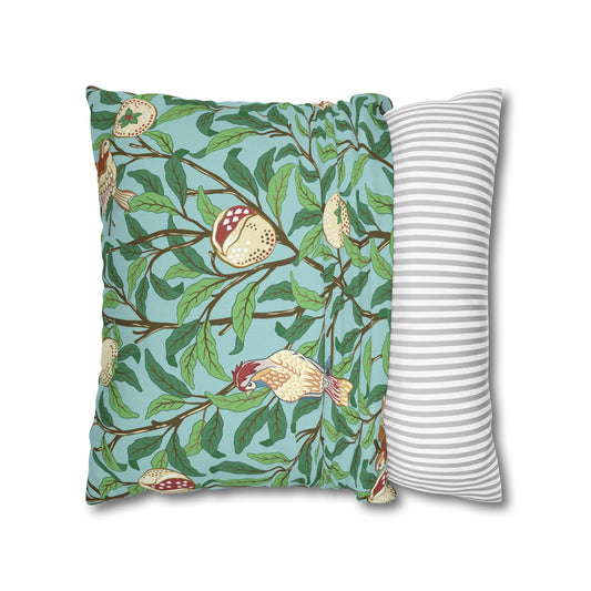 Two pillows, one with a nature-themed design and the other with a striped pattern, on a white background.