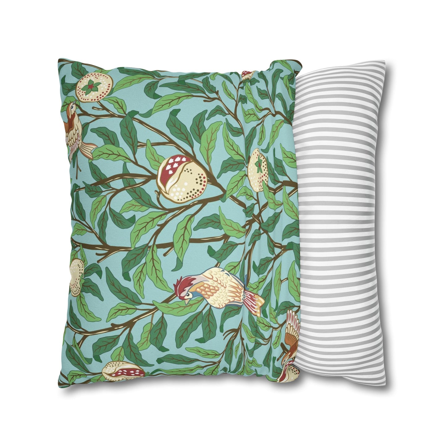 Two pillows, one with a nature-themed design and the other with a striped pattern, on a white background.