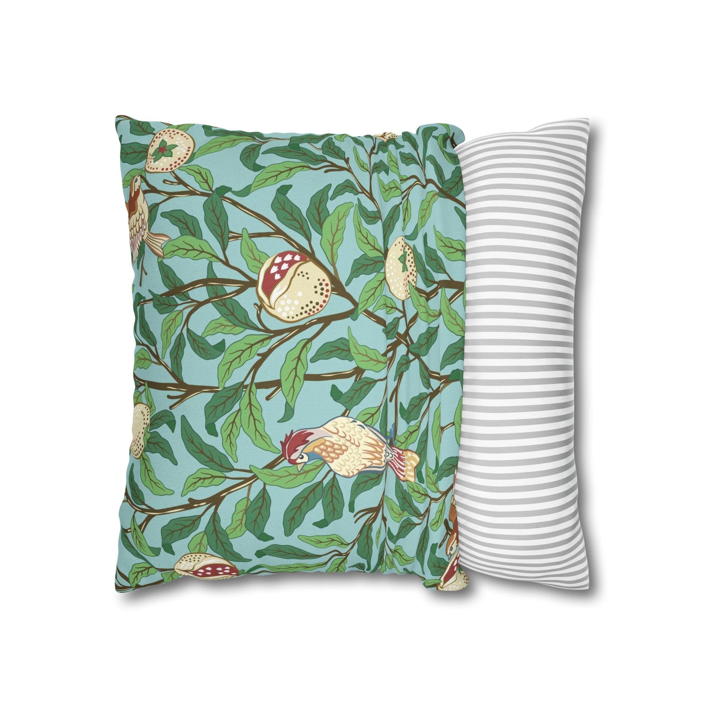 Two pillows, one with a nature-themed design and the other with a striped pattern, on a white background.
