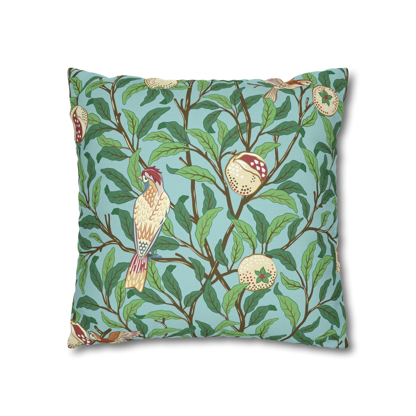 Decorative pillow with bird and nest pattern on a blue background