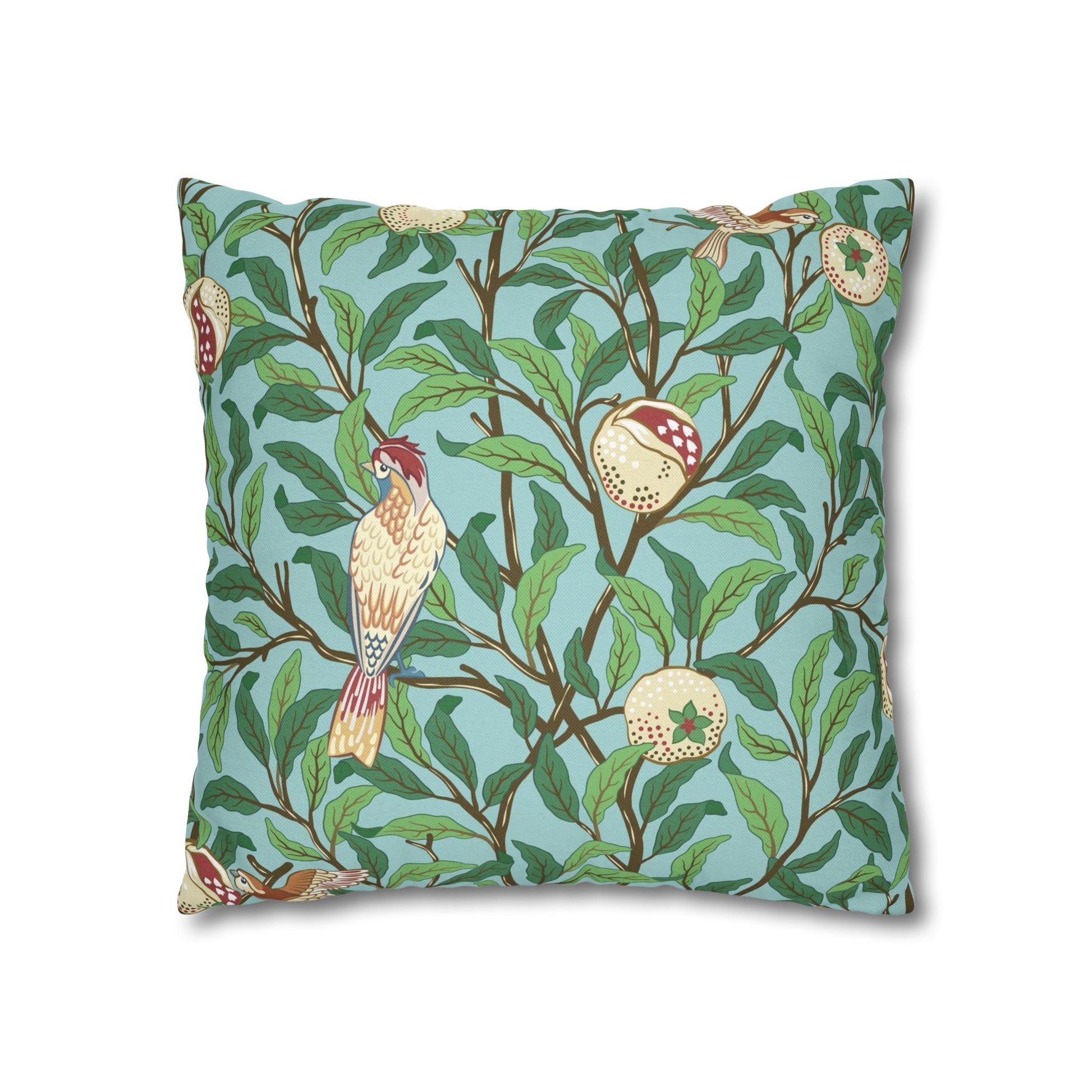 Decorative pillow with bird and nest pattern on a blue background