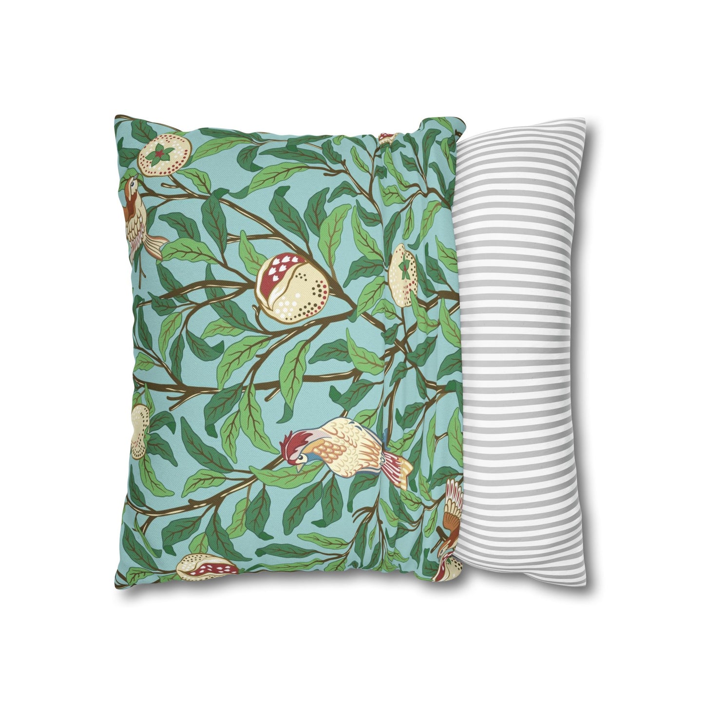 Two pillows, one with a nature-themed design and the other with a striped pattern, on a white background.