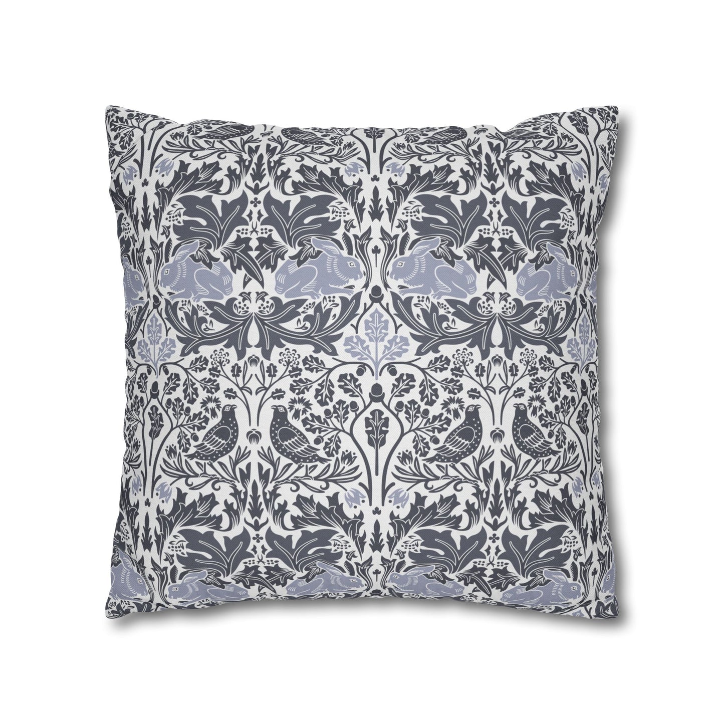 Decorative pillow with a floral and bird pattern on a white background