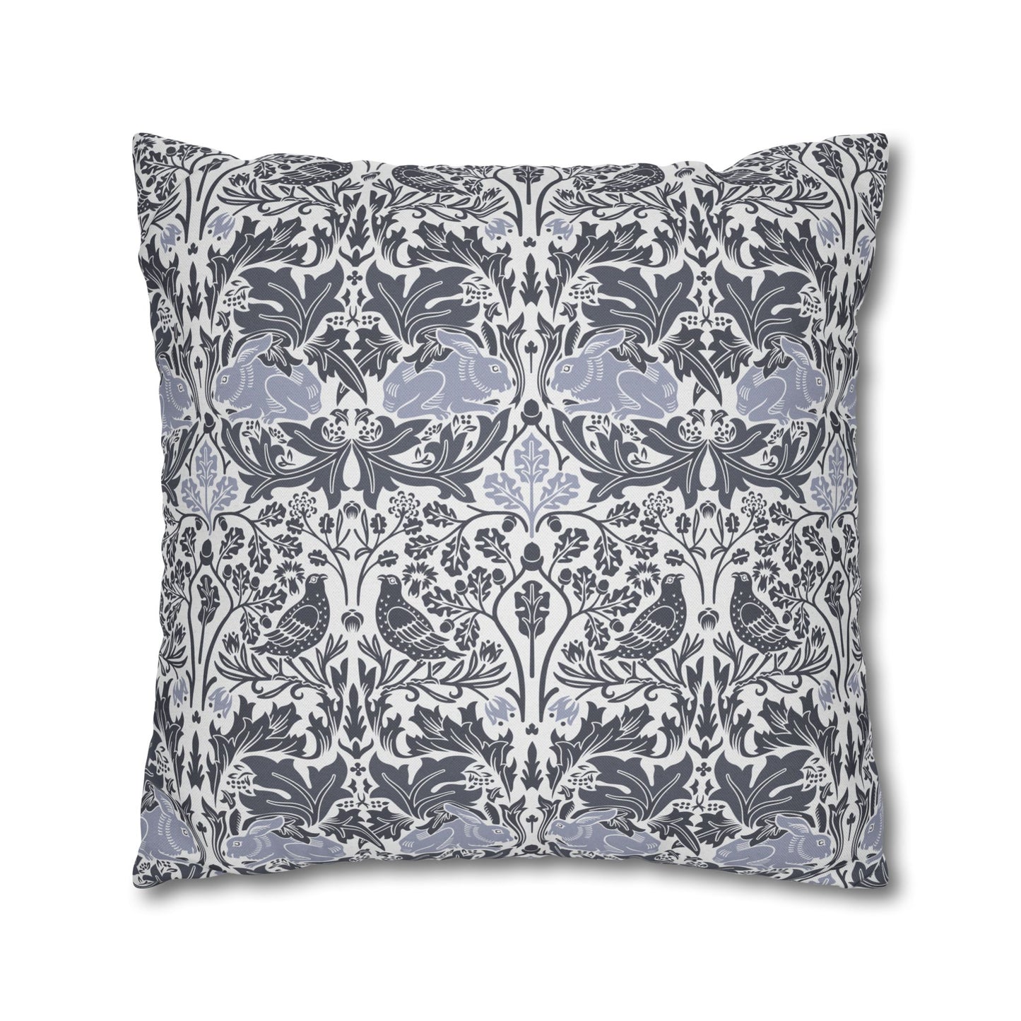 Decorative pillow with a floral and bird pattern on a white background