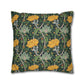 Decorative pillow with floral and vine pattern on a dark green background