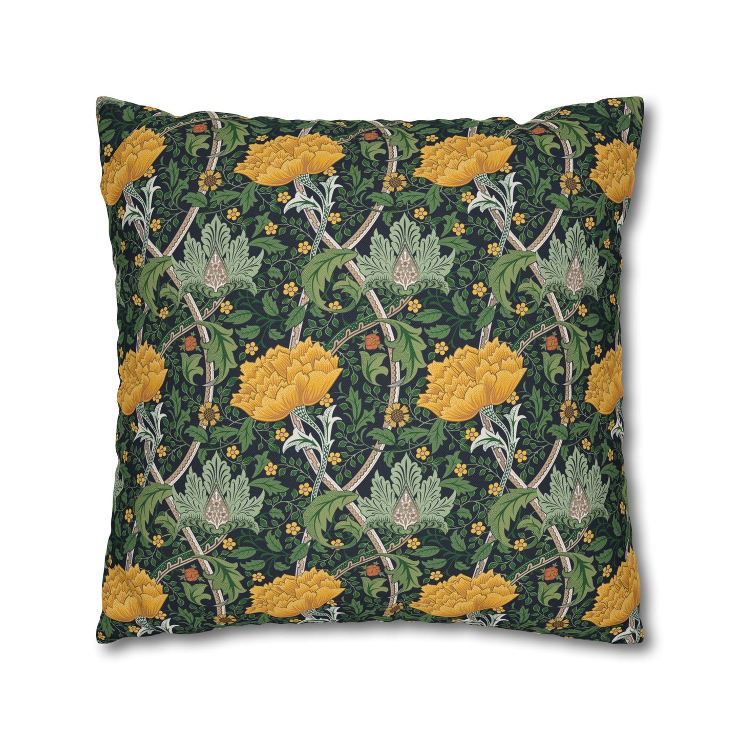 Decorative pillow with floral and vine pattern on a dark green background