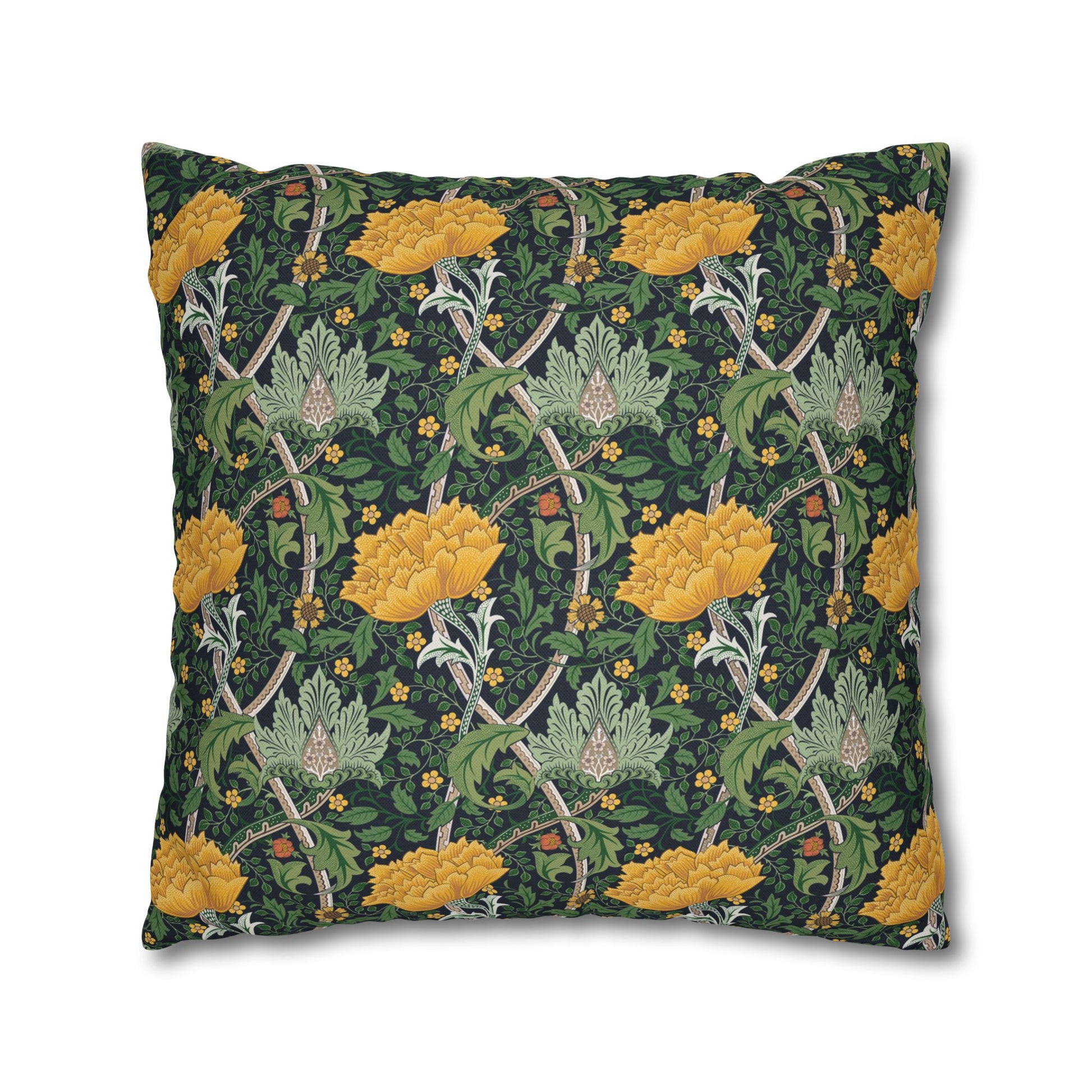 Decorative pillow with floral and vine pattern on a dark green background
