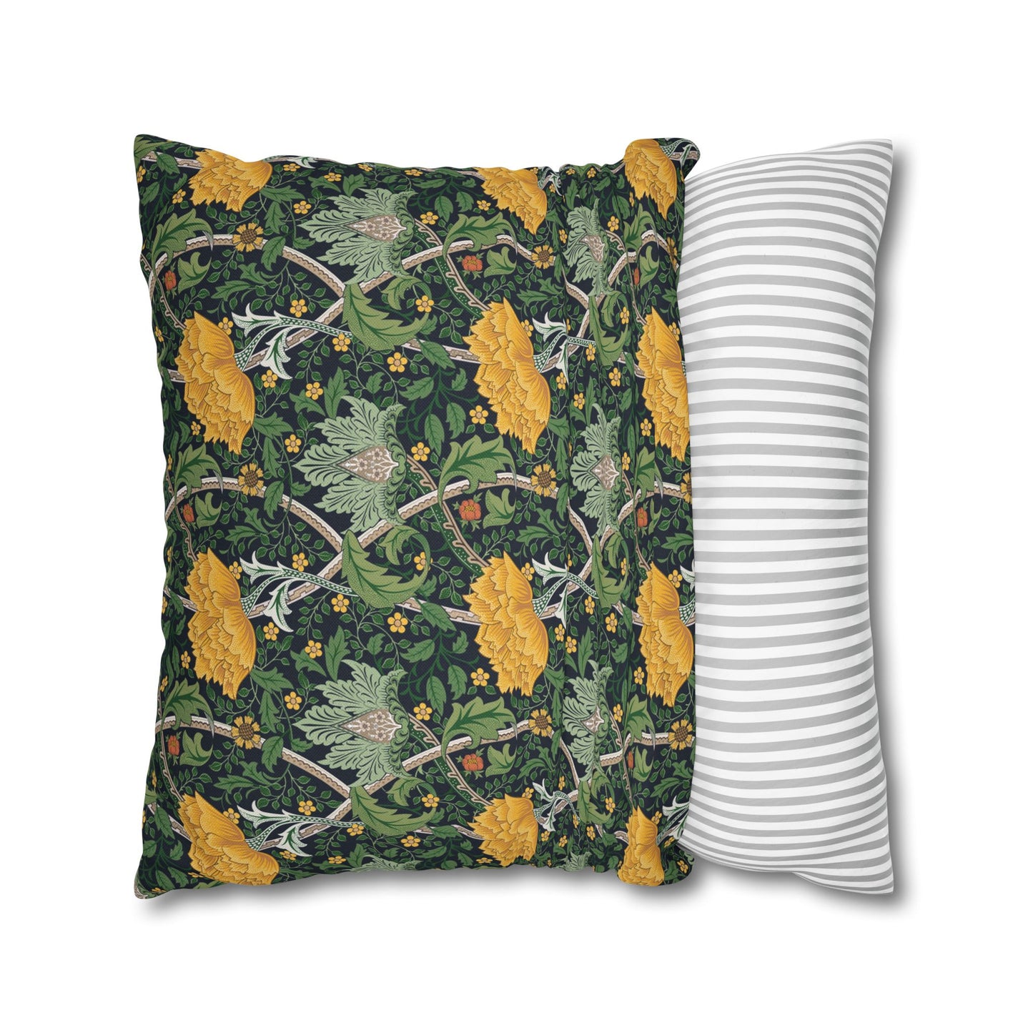 Two pillows, one with a floral pattern and one with a striped pattern, on a white background.