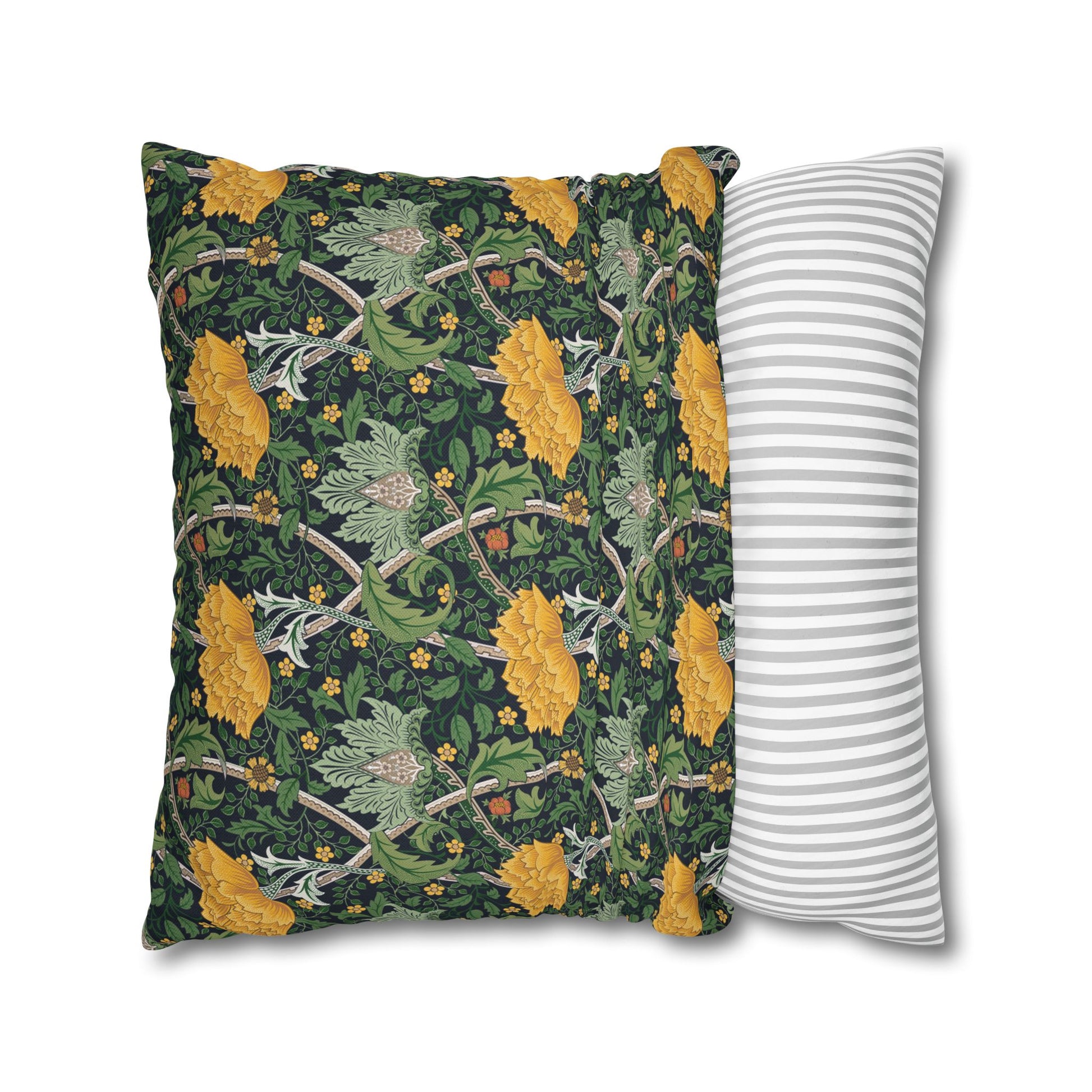 Two pillows, one with a floral pattern and one with a striped pattern, on a white background.