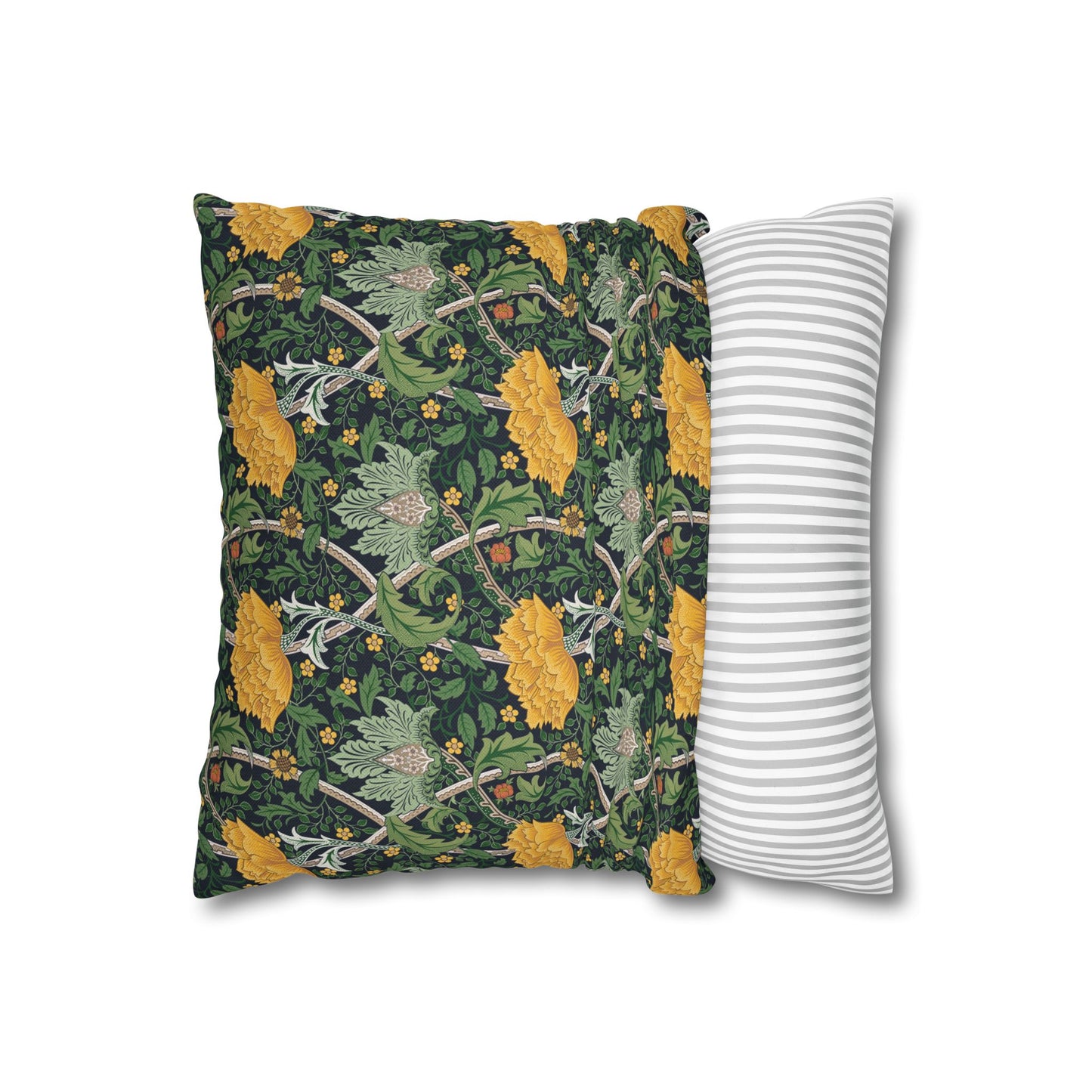 Two pillows, one with a floral pattern and the other with a striped pattern, on a white background.