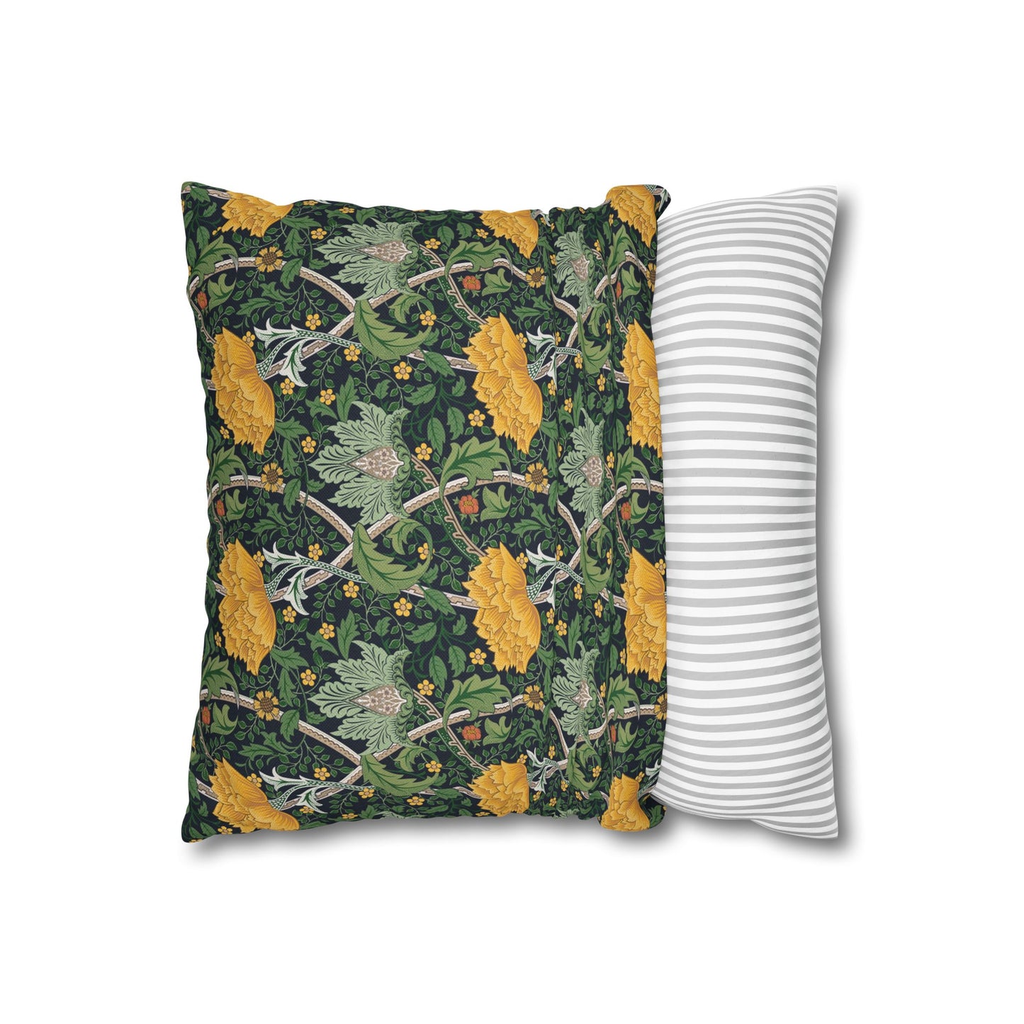 Two pillows, one with a floral pattern and the other with a striped pattern, on a white background.